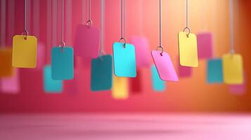 Colorful tags hanging from strings on a pink background photo