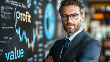 A man in a suit and glasses stands in front of a blackboard with the words profit and photo