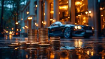 Coins on the street at night with a car in the background photo