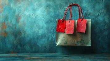 A shopping bag with red tags hanging from it photo