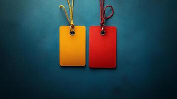 Two red and yellow tags hanging on a blue background photo