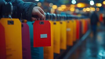 A person holding a red tag on a line of red and yellow tags photo