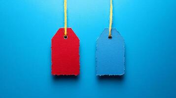 Two red and blue price tags hanging from a string photo