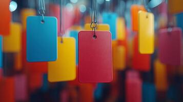 Colorful tags hanging from a string photo
