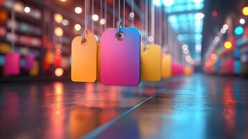 Colorful tags hanging from strings in a store photo