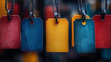 Colorful tags hanging from a string photo