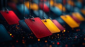 Colorful tags hanging from a string on a black background photo