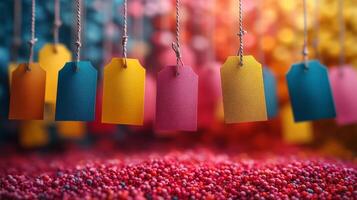Colorful tags hanging from strings on a colorful background photo
