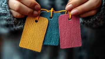 A person holding three colored tags with a string photo