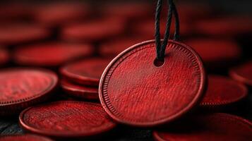 A red coin on a string hanging from a black background photo