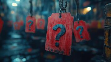 A group of question marks hanging from a rope photo