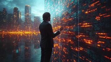 A man in a suit is looking at a cityscape with binary code photo