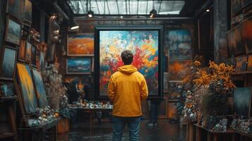 A man looking at a painting in an art gallery photo