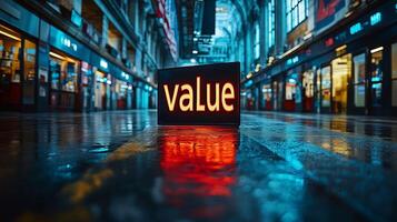 Value sign in the middle of a city street photo