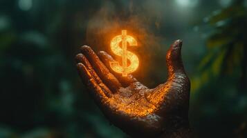 A hand holding a burning dollar sign in the dark photo