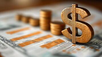 Golden dollar sign on a stack of coins photo