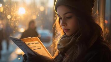 A woman is reading a newspaper on a street photo