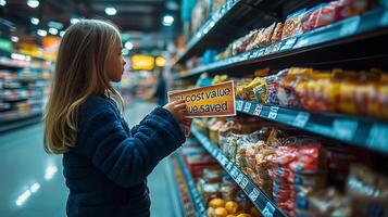 A young girl is looking at a sign in a grocery store photo
