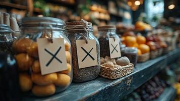 Jars of fruit and vegetables on a shelf photo