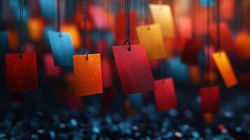 Colorful tags hanging from strings in a dark room photo
