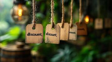 Discount tags hanging from string photo