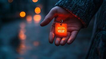 A person holding a red tag with the words month value photo