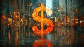 A dollar sign is reflected in the rain on a city street photo