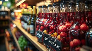 Bottles of red wine and other drinks are on display photo