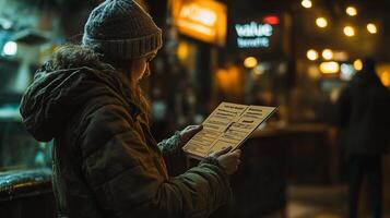 A woman is reading a menu at night photo
