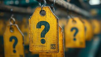 Question tags hanging on a rack in a warehouse photo