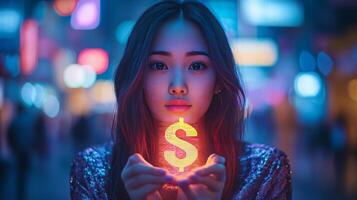 A woman holding a neon dollar sign in front of her face photo