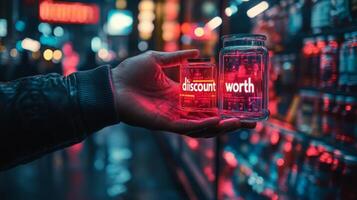 A person holding a bottle of water with the word discount on it photo