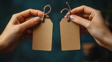 Two hands holding two blank paper tags photo