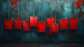 Red tags hanging from ropes on a wall photo