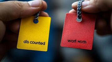 Two people holding tags with the words air and worth photo