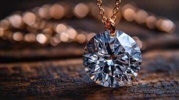 A diamond pendant on a wooden table photo