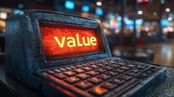 Value is the word on the screen of a vintage computer photo