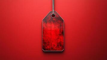 Red price tag hanging on a red background photo