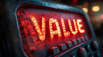 A close up of a neon sign that says value photo