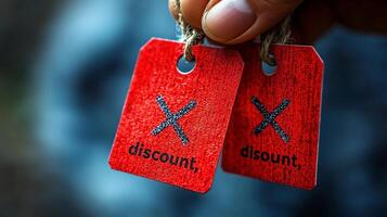 A person holding two red tags with the word discount on them photo