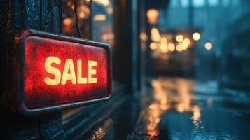 A red sale sign is hanging on a street in the rain photo