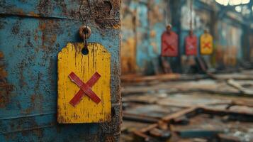 A rusty old building with several red and yellow tags photo