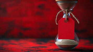 A sand timer with a red tag on top photo