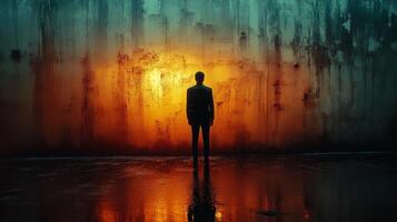 A man standing in front of a wall with a sunset in the background photo