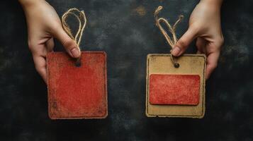 Two hands holding two red and one red and brown tags photo