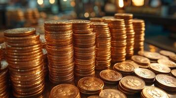 A pile of gold coins sitting on top of a table photo
