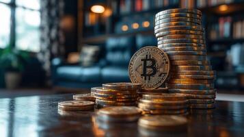 Bitcoin and gold coins on a table photo