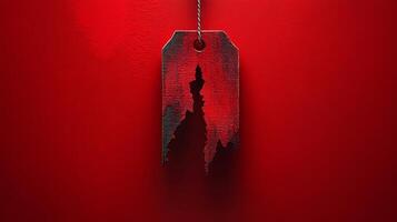 A red tag hanging from a string on a wall photo