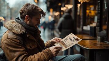 Man reading a newspaper on a rainy day photo