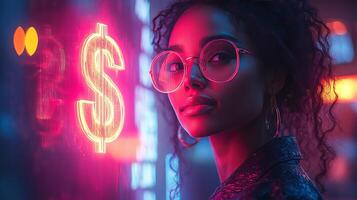 A woman wearing glasses and a neon sign photo